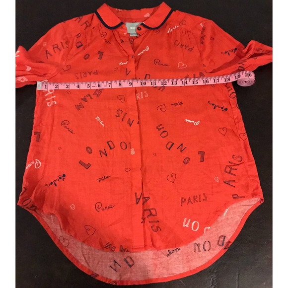 Anthropologie Maeve Art House Red Paris London Milan Button Down Blouse-Size 0 - Picture 6 of 9